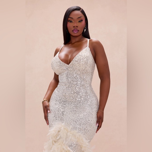 BNWT Fashion Nova FELICITY Sequin Feather Gown 2XL Champagne Colour - Picture 6 of 12